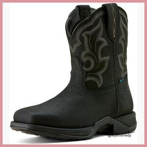 Waterproof Leather Western Boots, Square Toe, Pull-On Work Boots